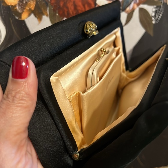 Vintage Art Deco Pure Silk Black Luxury Evening Clutch with Gold Fan Clasp 1950s
